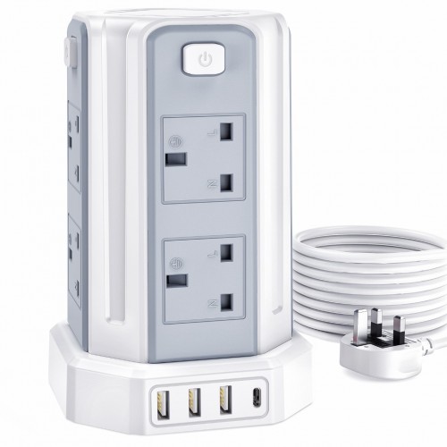 Tower Extension Lead with USB Slots 3M, (13A 3250W) 4 USB Ports and 8 Way Extension Tower, Surge Protection Extension Lead with 4 Independent Control Switch, Extension Cable for Home, Office, Kitchen Tower Extension Lead with USB Slots 3M, (13A 3250W) 4 USB Ports and 8 Way Extension Tower, Surge Protection Extension Lead with 4 Independent Control Switch, Extension Cable for Home, Office, Kitchen