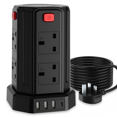 Tower Extension Lead with USB Slots, 5M Multi Plug Extension 8 Outlets and 4 USB (1 Type C and 3 USB Ports) [13A 3250W] Surge Protector Extension Lead with Widely Spaced Outlets for TV PC Tablets